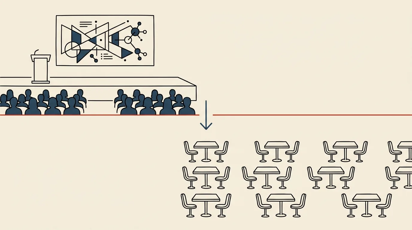 A split editorial illustration showing the BIO AI Summit stage above the partnering floor, with meeting tables below.