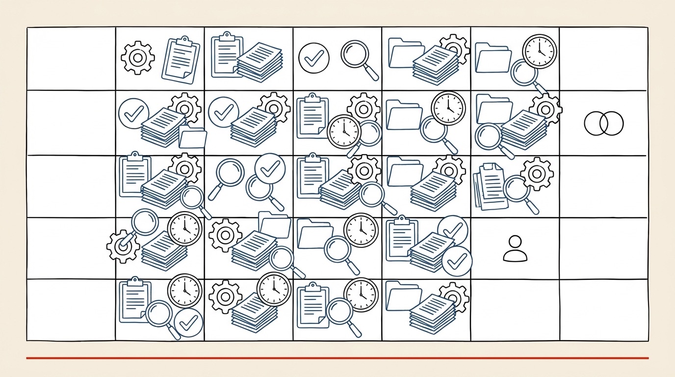 Overhead weekly planner illustration filled with repeating admin task icons and only a few customer-time moments.