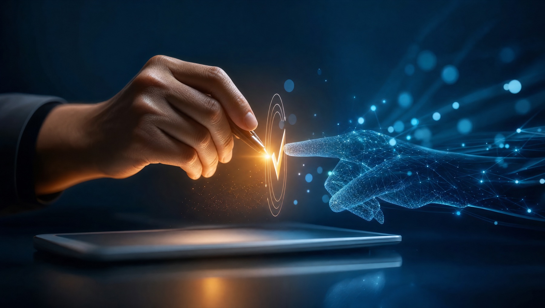 A human hand guiding an AI interface at the moment of approval, representing human-in-the-loop accountability.