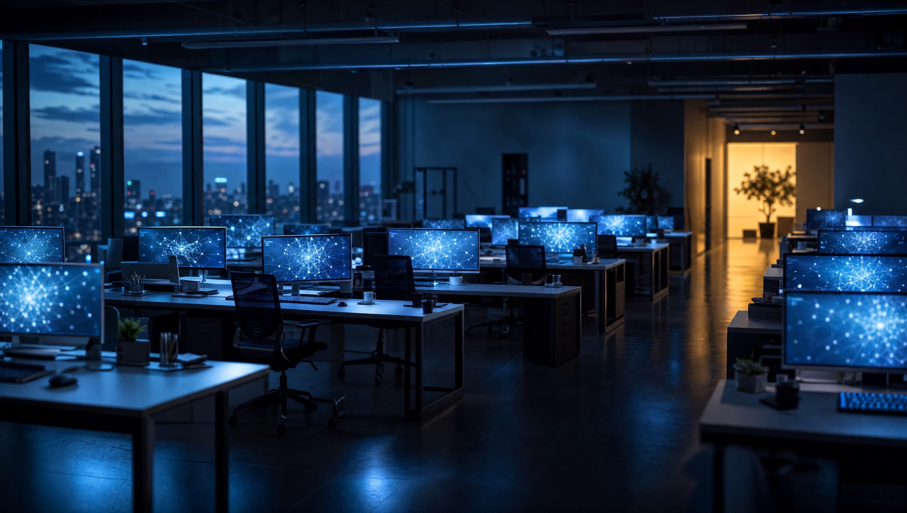 A dark office filled with unattended AI dashboards, showing tools that were adopted but not absorbed into daily decisions.