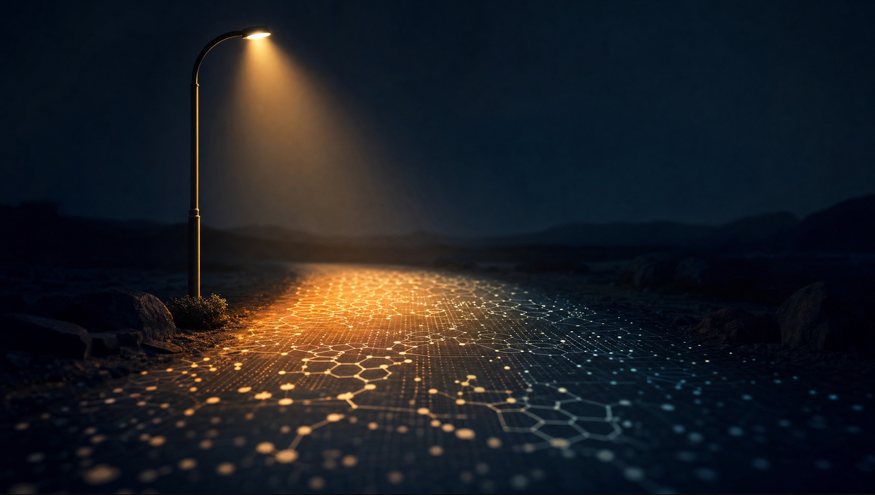 A single lamppost illuminating a data path through a dark landscape, representing accountable AI adoption in life sciences
