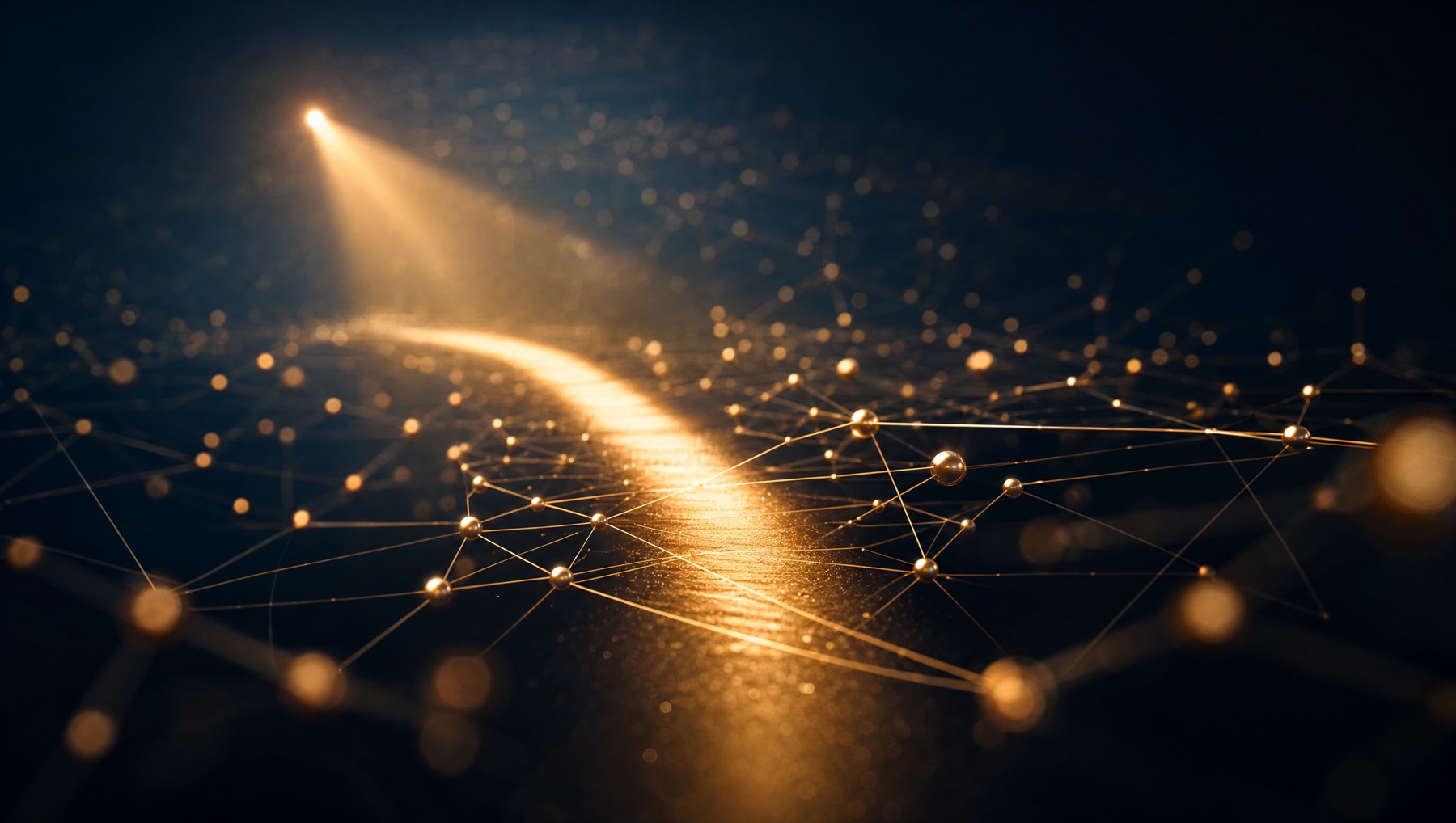 A focused beam of amber light cutting through a network of signals, turning scattered data into one clear decision path.