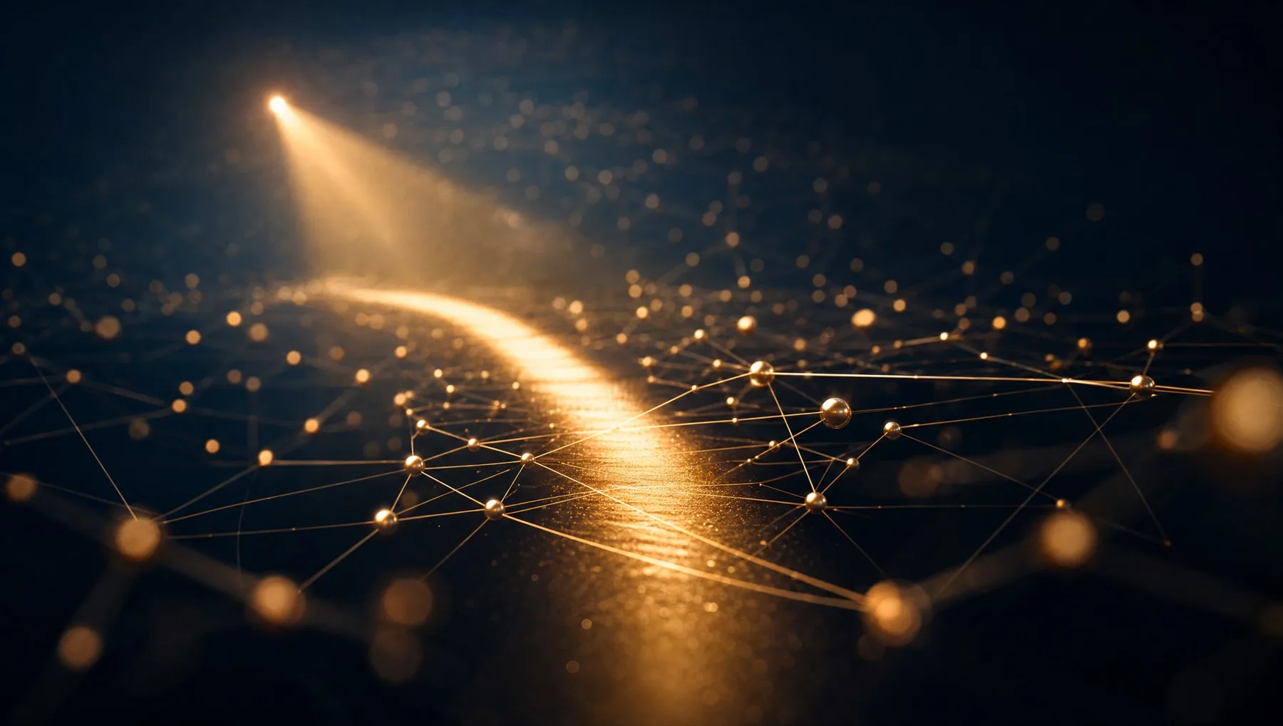 A focused beam of amber light cutting through a network of signals, turning scattered data into one clear decision path.
