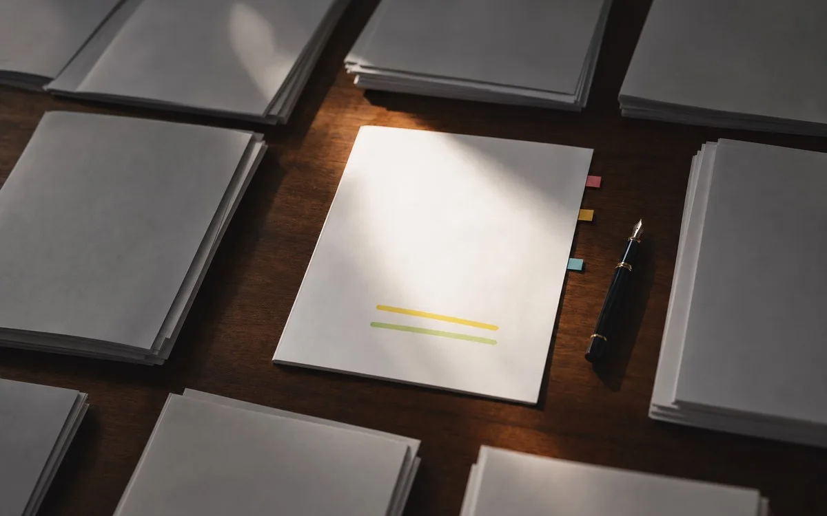 A single prepared account brief lit on a desk among many unread documents, representing AI that arrives with finished work rather than waiting to be asked.