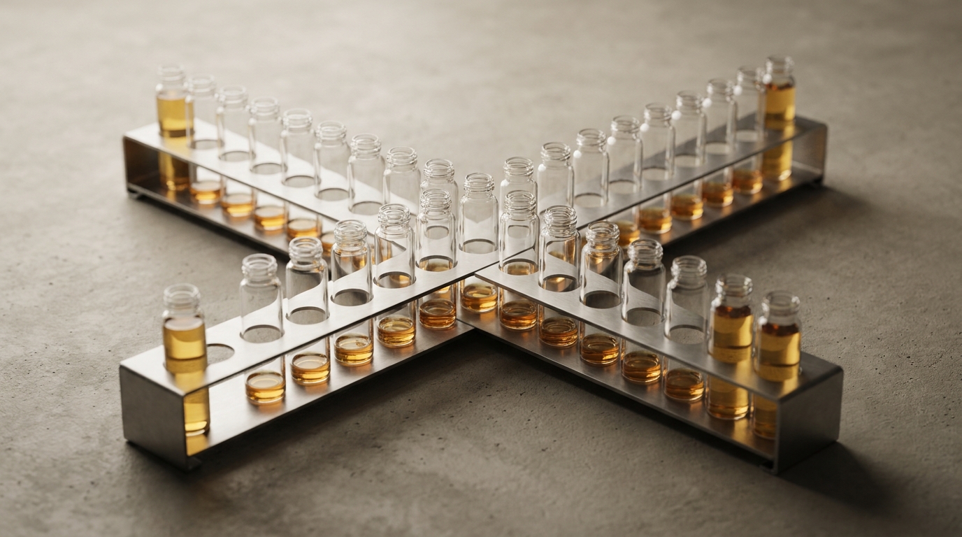 Two crossing laboratory racks of glass vials, most holding only a thin layer of amber liquid and a few nearly full: many funded biotechs, with much less capital in each.