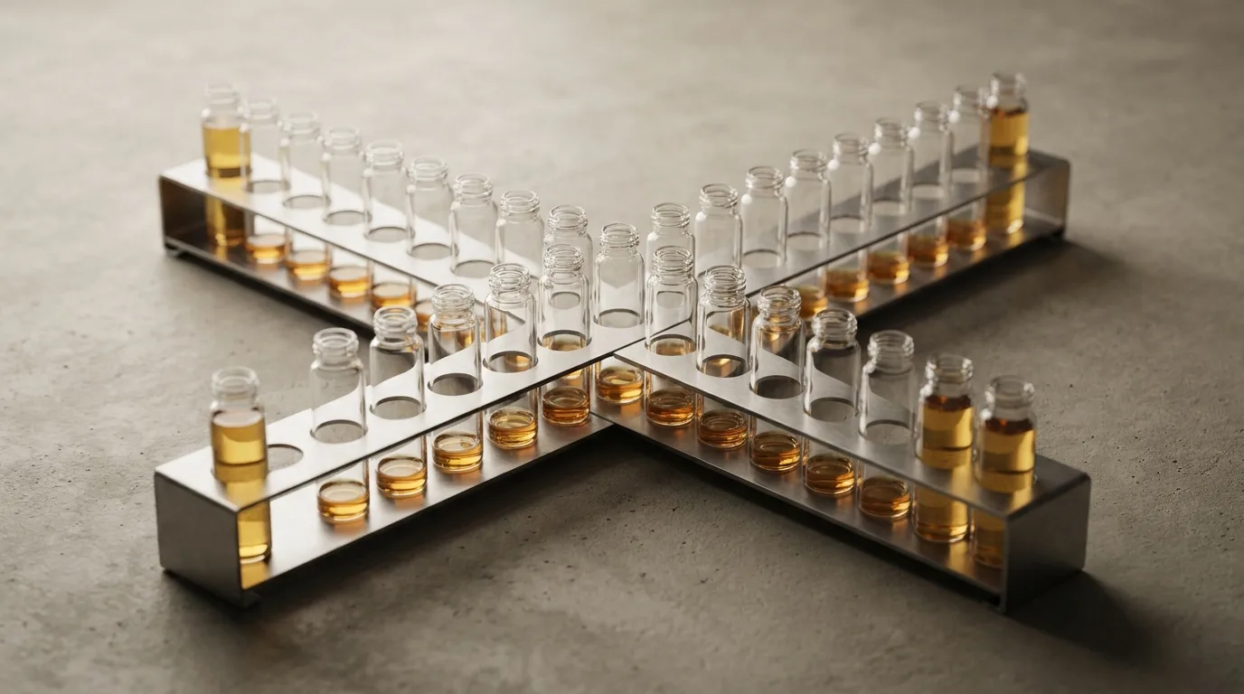 Two crossing laboratory racks of glass vials, most holding only a thin layer of amber liquid and a few nearly full: many funded biotechs, with much less capital in each.